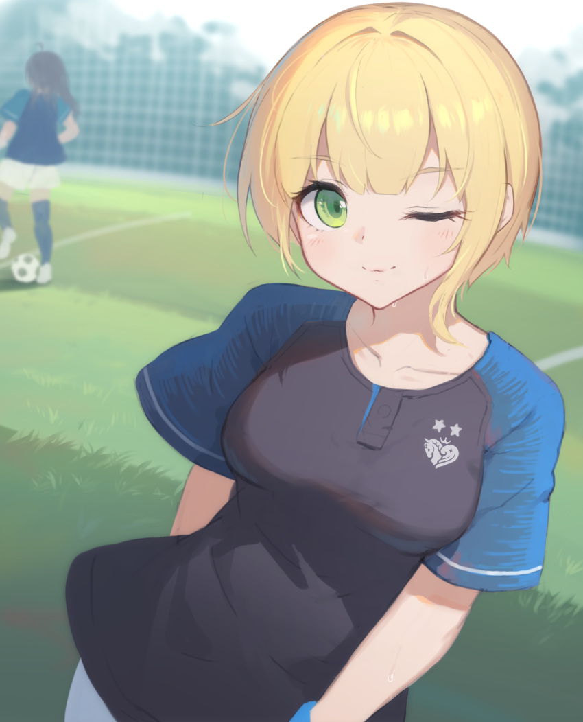 asymmetrical_hair bangs black_hair blonde_hair blurry blurry_background breasts day facing_away facing_viewer green_eyes highres idolmaster idolmaster_cinderella_girls long_hair looking_at_viewer medium_breasts miyamoto_frederica multiple_girls one_eye_closed outdoors playing_sports raglan_sleeves short_hair smile soccer soccer_uniform solo_focus sport sportswear sweat upper_body yuri_shoutu