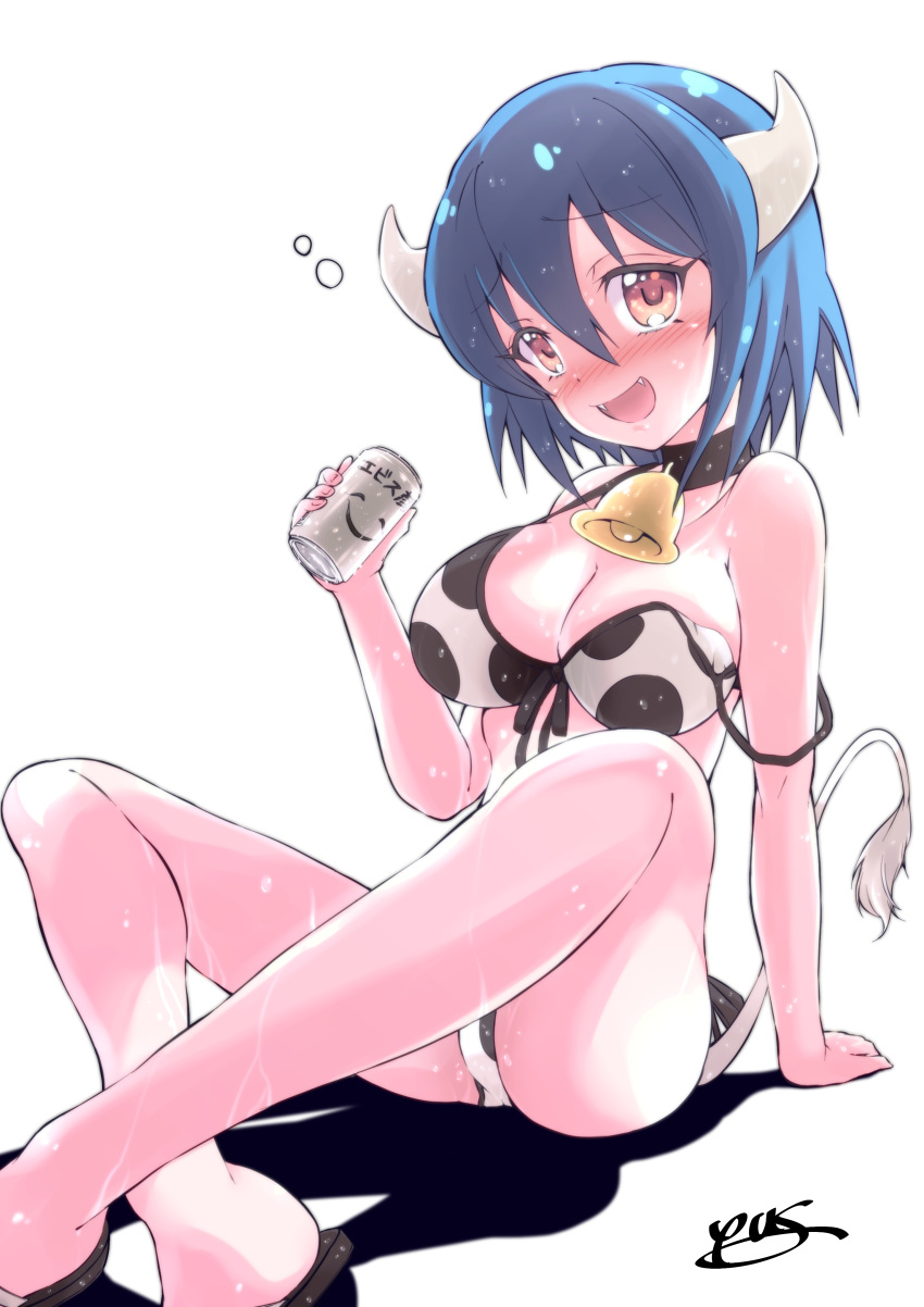 absurdres animal_print backlighting bare_arms bare_legs bare_shoulders beer_can bell bell_collar bikini black_collar blue_hair blush breasts can cleavage collar commentary_request cow_bell cow_girl cow_horns cow_print cow_tail crossed_ankles drunk eyebrows_visible_through_hair fangs front-tie_bikini front-tie_top hair_between_eyes highres holding holding_can horns jashin-chan_dropkick large_breasts looking_at_viewer minos_(jashin-chan_dropkick) nose_blush off_shoulder orange_eyes print_bikini signature simple_background smile solo strap_slip swimsuit tail white_background yyuki317