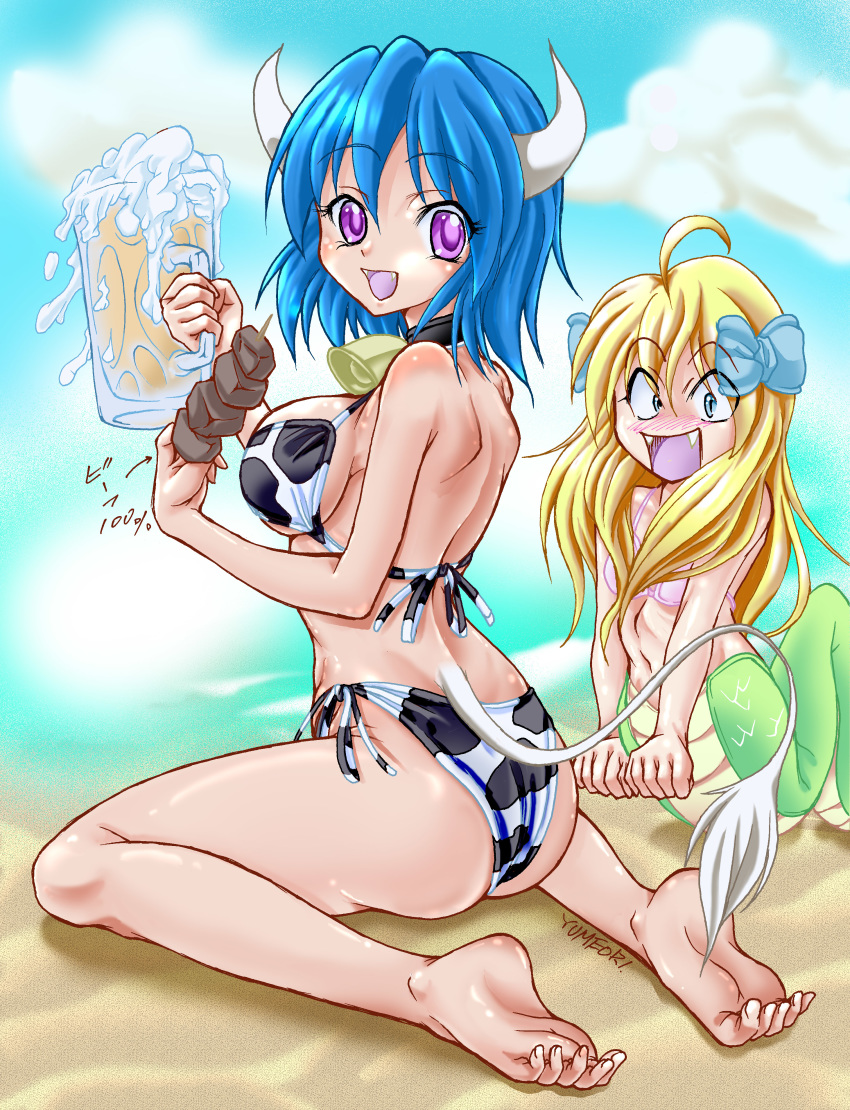 absurdres ahoge animal_print barefoot beer_mug bell blonde_hair blue_eyes blue_hair blue_ribbon blush breasts cannibalism commentary_request cow_bell cow_horns cow_print eyebrows_visible_through_hair fangs hair_between_eyes hair_over_breasts hair_ribbon highres horns jashin-chan jashin-chan_dropkick lamia large_breasts long_hair looking_at_viewer minos_(jashin-chan_dropkick) monster_girl multiple_girls open_mouth red_eyes ribbon smile soles swimsuit translated yumeori_amu yyuki317
