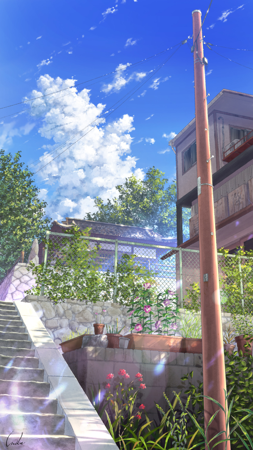 artist_name blue_sky chain-link_fence cloud day fence flower flower_pot grass highres house inika morning_glory no_humans original outdoors plant planter potted_plant retaining_wall scenery signature sky stairs stone_wall sunlight telephone_pole tree wall