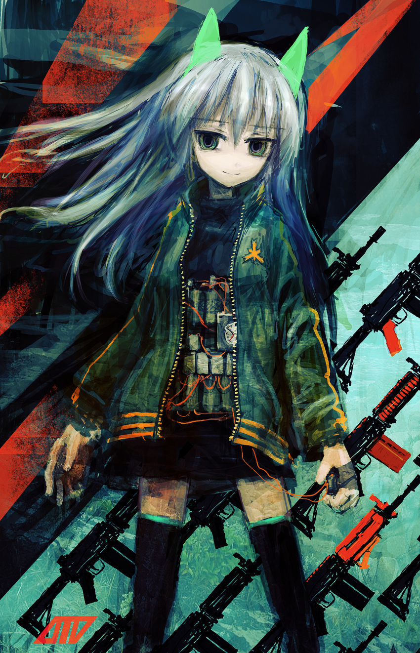 animal_ears arms_at_sides assault_rifle bomb cat_ears commentary eyebrows_visible_through_hair floating_hair green_eyes green_jacket gun highres jacket lm7_(op-center) looking_at_viewer m4_carbine original rifle silver_hair sketch smile solo thighhighs time_bomb weapon
