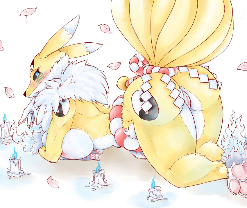 anthro big_breasts blue_eyes blush breasts butt digimon digimon_(species) female fur hi_res kyubimon mammal multi_tail nude pussy solo yellow_fur
