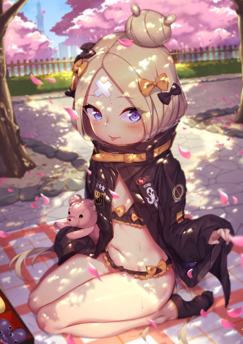 abigail_williams_(fate/grand_order) alternate_hairstyle bandaid_on_forehead bangs belt bikini black_bikini black_bow black_jacket blonde_hair blue_eyes blush bow breasts commentary day emerald_float fate/grand_order fate_(series) forehead frilled_bikini frills hair_bow hair_bun heroic_spirit_traveling_outfit high_collar highres hips holding holding_stuffed_animal jacket long_hair looking_at_viewer miniskirt navel obentou open_clothes open_jacket orange_bow parted_bangs petals polka_dot polka_dot_bow seiza shade shennai_misha sitting skirt sleeves_past_fingers sleeves_past_wrists small_breasts smile solo stuffed_animal stuffed_toy sunlight sweat swimsuit teddy_bear thighs tongue tongue_out tree