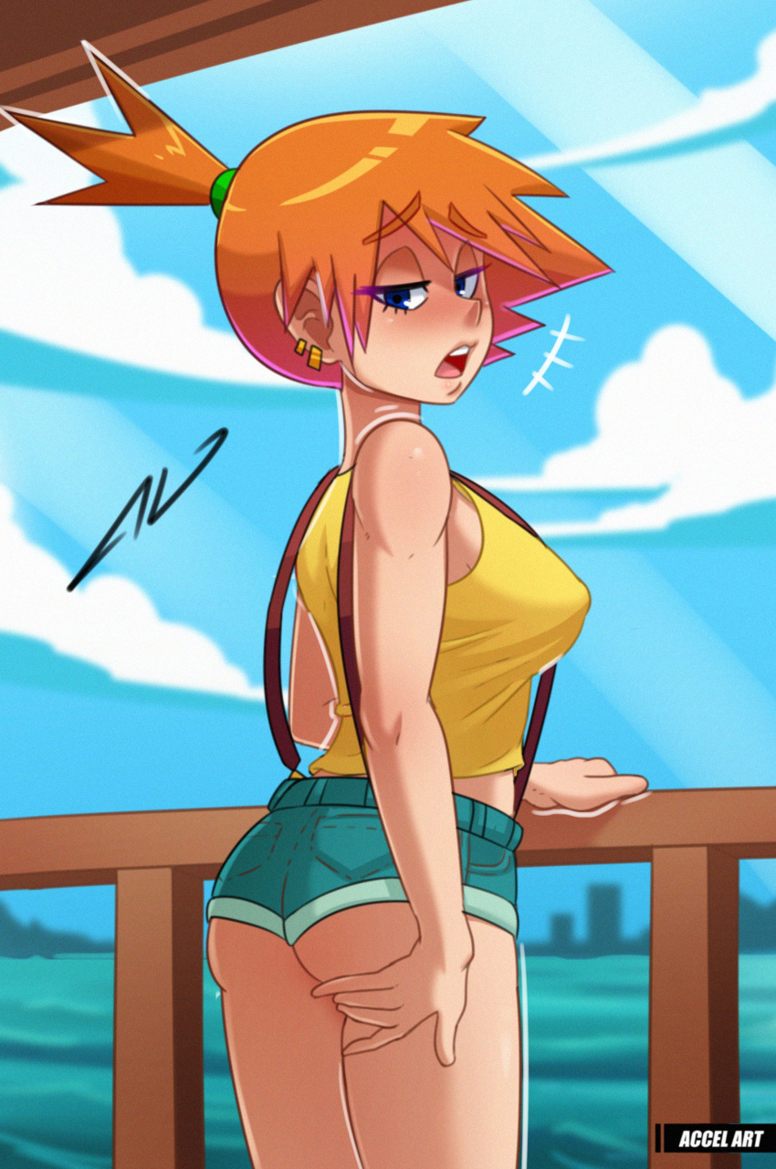 1girl accel_art ass bare_arms blue_eyes blush breasts creatures_(company) denim denim_shorts erect_nipples_under_clothes eyebrows_visible_through_hair female game_freak half-closed_eyes kasumi_(pokemon) looking_at_viewer medium_breasts nintendo open_mouth orange_hair pokemon pokemon_(anime) short_ponytail short_shorts shorts sky solo suspender_shorts suspenders tank_top thighs