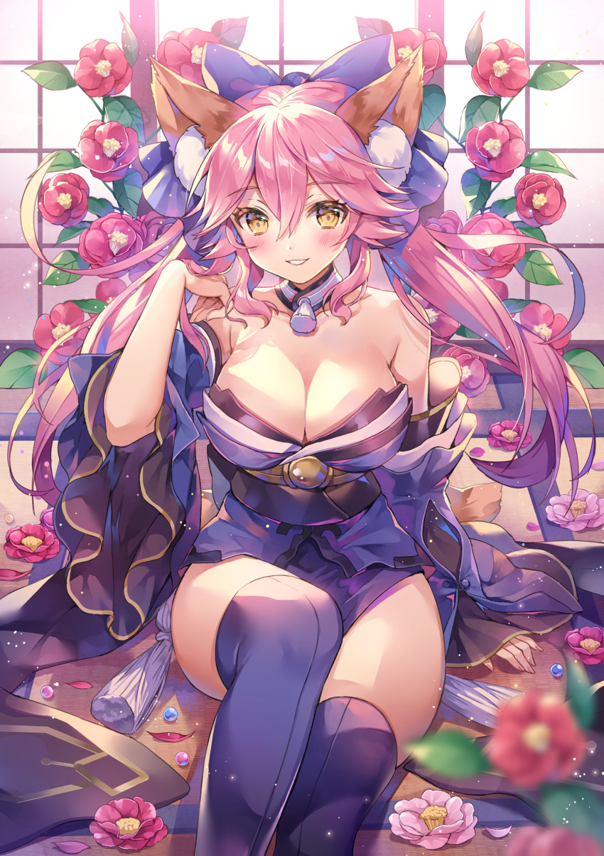 animal_ear_fluff animal_ears arm_at_side bare_shoulders blue_bow blue_kimono blue_legwear blurry blush bow breasts cleavage commentary depth_of_field detached_sleeves eyebrows_visible_through_hair fate/grand_order fate_(series) flower fox_ears fox_tail hair_between_eyes hair_bow hand_up highres indoors japanese_clothes kimono large_breasts looking_at_viewer marble md5_mismatch obi parted_lips petals pink_flower pink_hair purple_flower ribbon sash sitting smile solo tail tamamo_(fate)_(all) tamamo_no_mae_(fate) twintails wide_sleeves yellow_eyes yeonwa