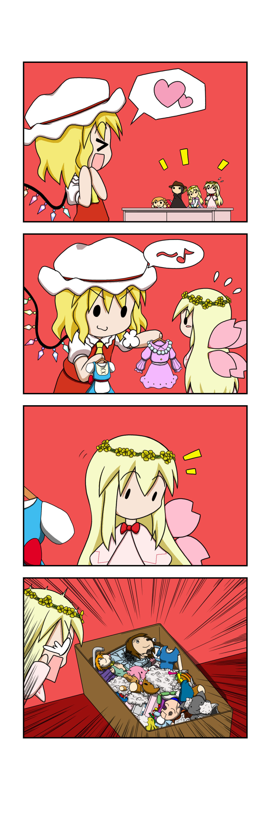 &gt;_&lt; /\/\/\ 2girls 4koma :3 :d absurdres blonde_hair blush_stickers bow box broken chibi clothes_hanger comic cravat doll dress eyebrows_visible_through_hair fairy_wings flandre_scarlet flying_sweatdrops flying_teardrops hat hat_ribbon head_wreath heart highres indoors jaw_drop jewelry lily_white long_hair long_sleeves mob_cap multiple_girls musical_note necklace no_mouth no_nose open_mouth pearl_necklace pink_dress puffy_short_sleeves puffy_sleeves rakugaki-biyori rapeseed_blossoms red_bow red_neckwear ribbon short_sleeves simple_background smile solid_circle_eyes solid_oval_eyes spoken_heart spoken_musical_note square_mouth stuffed_animal stuffed_toy stuffing table touhou toy v-shaped_eyebrows wings xd