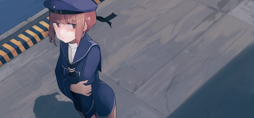 air_kon bangs blue_dress blue_hat blue_sailor_collar blush brown_eyes brown_hair character_name closed_mouth clothes_writing commentary dress dutch_angle expressionless eyebrows_visible_through_hair from_above half-closed_eyes hand_on_own_arm hat kantai_collection long_sleeves outdoors sailor_collar sailor_dress sailor_hat short_hair sideways_glance solo standing upper_body wide_shot z3_max_schultz_(kantai_collection)