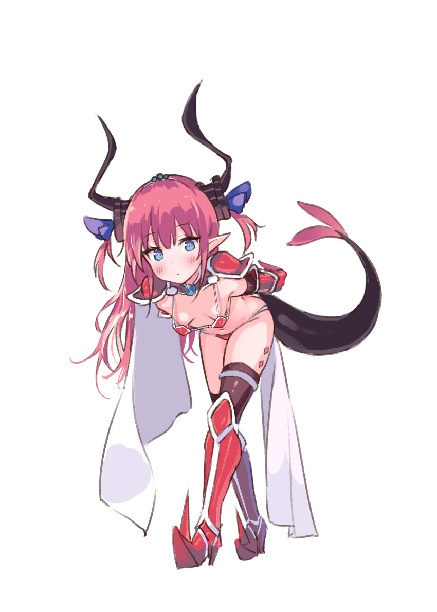 aak absurdres areola_slip areolae armor armored_boots asymmetrical_horns bangs bent_over bikini bikini_armor black_legwear blue_eyes blush boots breasts cape choker closed_mouth crossed_legs curled_horns dragon_girl dragon_horns dragon_tail elizabeth_bathory_(brave)_(fate) elizabeth_bathory_(fate)_(all) eyebrows_visible_through_hair fate/grand_order fate_(series) full_body hair_between_eyes hair_ribbon head_tilt highres horns knee_boots long_hair looking_at_viewer navel oversized_clothes pauldrons pink_hair pointy_ears purple_ribbon red_armor red_bikini red_choker red_footwear ribbon shoes silver_trim simple_background small_breasts solo spiked_shoes spikes standing string_bikini swimsuit tail tail_raised thighhighs thighhighs_under_boots tiara two_side_up vambraces very_long_hair watson_cross white_background white_cape