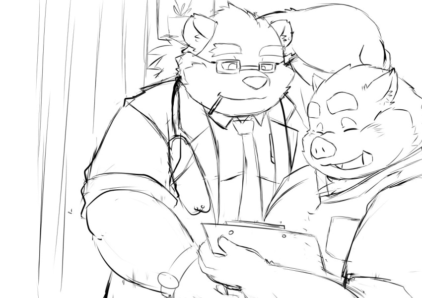 2018 anthro aotoaka bear boar clothing duo eyes_closed humanoid_hands male mammal overweight overweight_male polar_bear porcine rave_(housamo) shirt smoking tokyo_afterschool_summoners