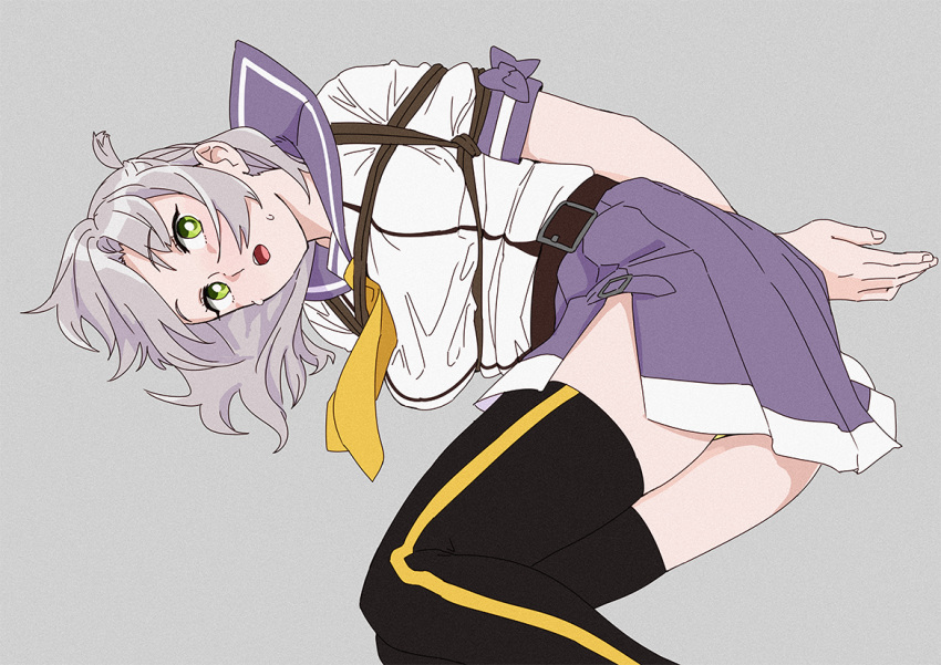 bdsm bondage bound bound_wrists buckle commentary_request feet_out_of_frame film_grain green_eyes grey_background grey_hair kantai_collection kinugasa_(kantai_collection) looking_at_viewer lying necktie ojipon on_side open_mouth purple_sailor_collar purple_skirt remodel_(kantai_collection) sailor_collar school_uniform serafuku shibari shibari_over_clothes shirt side_slit simple_background single_horizontal_stripe skirt solo thighhighs white_shirt yellow_neckwear