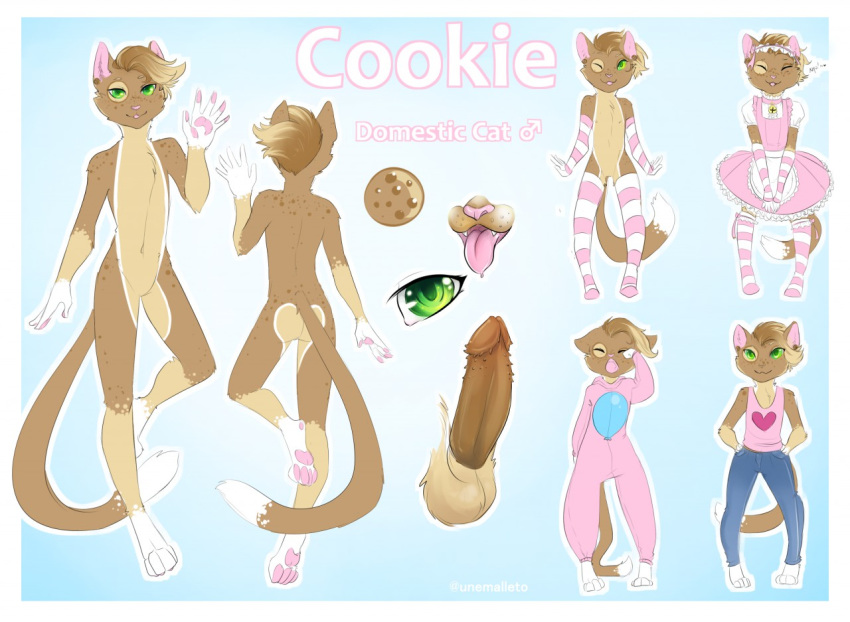 &lt;3 balls bldymalice clothed clothing cookie_(cookiekitty) erection green_eyes legwear male model_sheet onesie pants stockings tongue tongue_out