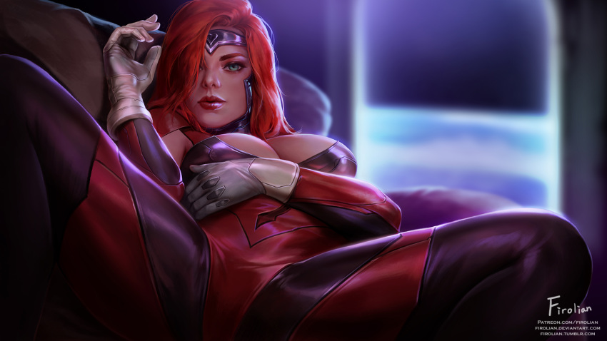 alternate_costume bodysuit breasts cleavage cleavage_cutout firolian forehead_protector gloves gun_goddess_miss_fortune hair_over_one_eye highres large_breasts league_of_legends lips lipstick long_hair lying makeup on_back patreon_username red_bodysuit red_hair red_lipstick sarah_fortune signature skin_tight solo spread_legs watermark web_address white_gloves