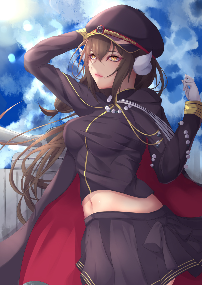 alternate_costume azur_lane bangs blue_sky breasts brown_hair brown_shirt brown_skirt cannon cape closed_mouth cloud commentary_request day gloves hair_between_eyes hand_on_headwear hat highres horns long_hair long_sleeves looking_afar machinery medium_breasts midriff mikasa_(azur_lane) navel outdoors pink_lips rigging school_uniform shiro_usagi shirt skirt sky solo stomach sunlight turret uniform white_gloves