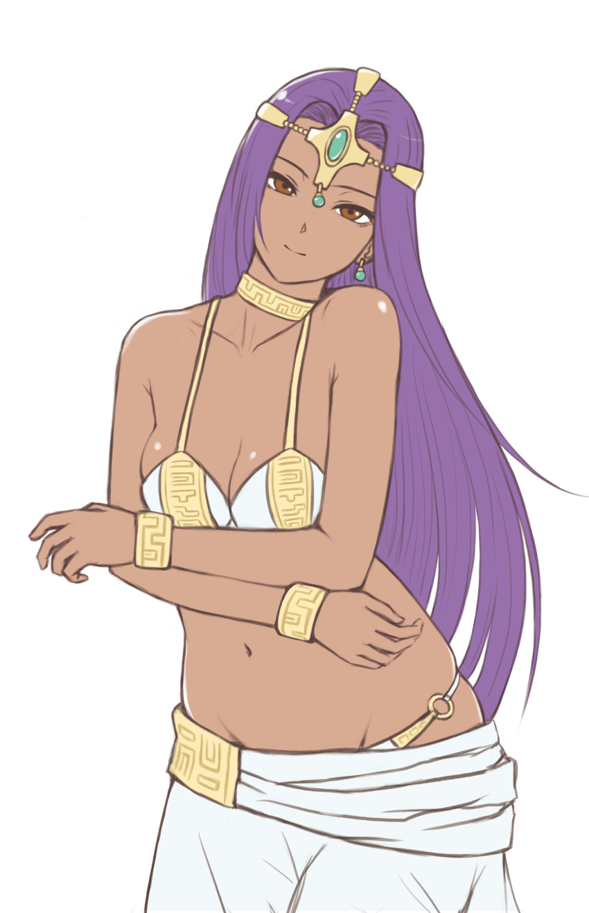 absurdres bikini breasts brown_eyes cleavage collarbone commentary_request cowboy_shot dark_skin dragon_quest dragon_quest_iv earrings headgear highres jewelry light_smile long_hair looking_at_viewer medium_breasts minea miru_(wvjc7832) navel purple_hair sarong solo swimsuit very_long_hair white_background white_bikini white_sarong