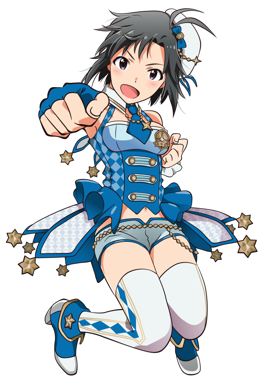 :d absurdres akizuki_ritchan antenna_hair asymmetrical_gloves black_eyes black_hair blue_bow blue_gloves blue_neckwear blue_shorts blush bow fingerless_gloves floating_hair full_body gloves hat hat_bow highres idolmaster idolmaster_(classic) idolmaster_platinum_stars kikuchi_makoto looking_at_viewer midriff navel necktie open_mouth outstretched_arm short_hair short_necktie short_shorts shorts smile solo stomach thighhighs transparent_background twinkle_star_(idolmaster) white_hat white_legwear