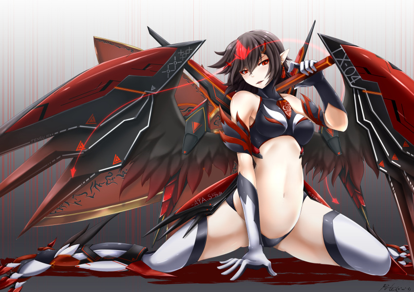 alternate_costume ambiguous_red_liquid arm_cuffs arm_support armor ass_visible_through_thighs bangs bare_shoulders black_gloves black_hair black_panties breasts character_name collarbone commentary_request crop_top earrings fan gloves gradient gradient_background greaves grey_background hair_between_eyes hand_up head_tilt highres holding holding_fan inyuppo jewelry looking_at_viewer medium_breasts midriff navel no_hat no_headwear panties parted_lips pointy_ears red_eyes shameimaru_aya short_hair signature sitting solo stomach thighhighs thighs touhou turtleneck two-tone_gloves underwear wariza white_gloves white_legwear