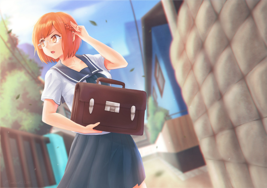 bag bangs blue_sailor_collar blue_skirt braid breasts brown_eyes brown_hair chio-chan_no_tsuugakuro collarbone eyebrows_visible_through_hair glasses highres holding holding_bag kmrd-fanddi looking_afar medium_breasts miyamo_chio parted_lips pleated_skirt sailor_collar school_bag school_briefcase school_uniform serafuku shirt short_hair short_sleeves skirt solo standing swept_bangs v-shaped_eyebrows white_shirt