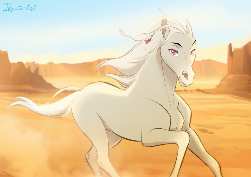 2018 ambiguous_gender detailed_background digital_media_(artwork) equine feral hair horse kammi-lu mammal outside pink_eyes sky solo standing white_hair