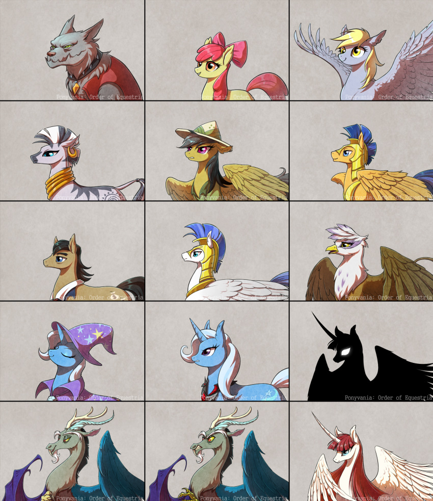 2018 apple_bloom_(mlp) armor avian begasuslu canine daring_do_(mlp) derpy_hooves_(mlp) discord_(mlp) dog equine female filthy_rich_(mlp) flash_sentry_(mlp) friendship_is_magic gilda_(mlp) group gryphon hair hat helmet horn horse jewelry lauren_faust male mammal my_little_pony necklace pegasus pony rover_(mlp) royal_guard_(mlp) smile trixie_(mlp) unicorn winged_unicorn wings zebra zecora_(mlp)