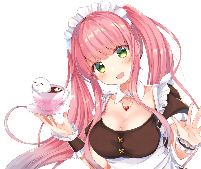 apron bangs blush breasts cleavage cup eyebrows_visible_through_hair floating_hair frilled_apron frills gomano_rio green_eyes hair_between_eyes head_tilt heart heart_necklace heart_print holding holding_cup holding_saucer jewelry long_hair looking_at_viewer maid maid_apron maid_headdress multicolored multicolored_eyes necklace open_mouth original ponytail puffy_short_sleeves puffy_sleeves saucer shiny shiny_hair short_sleeves simple_background smile solo teacup upper_body very_long_hair white_background yellow_eyes