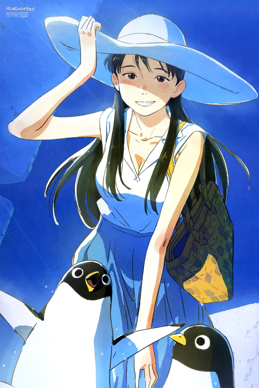 absurdres arai_youjirou bag bird black_eyes black_hair blue_skirt blush breasts cleavage collarbone day grin hand_on_headwear hat highres long_hair looking_at_viewer medium_breasts newtype official_art onee-san_(penguin_highway) penguin penguin_highway scan shoulder_bag skirt sky smile sun_hat sweat