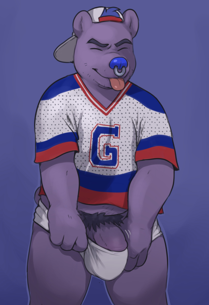 anthro bear blue_hair blue_nose bulge clothing eyes_closed fur glitter_trap_boy glitter_trap_boy_(character) hair jockstrap male mammal penis penis_base pubes purple_fur shirt solo standing t-shirt tongue tongue_out underwear