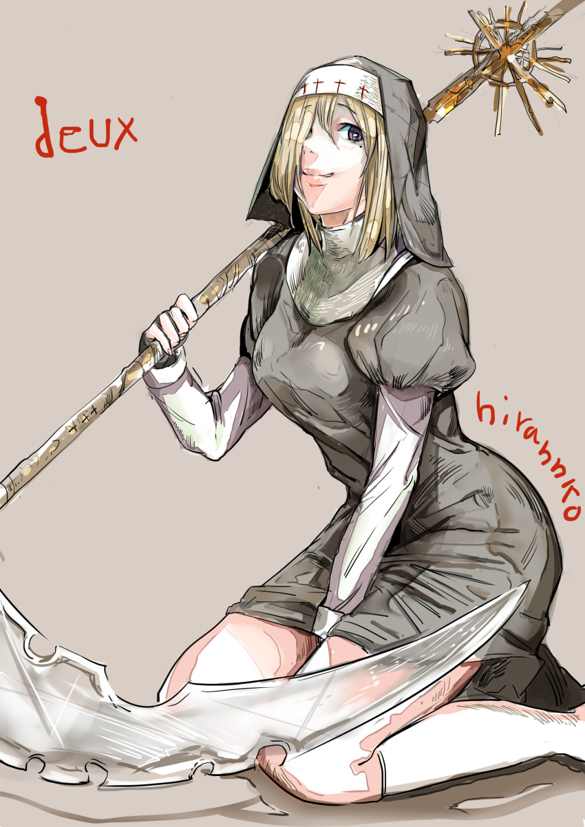 absurdres between_legs black_dress blonde_hair closed_mouth commentary_request dress french grey_background habit hair_over_one_eye hand_between_legs highres hiranko kama_(weapon) kneeling long_sleeves looking_at_viewer nun one_eye_covered original puffy_short_sleeves puffy_sleeves scythe short_sleeves sickle simple_background smile socks solo veil white_legwear
