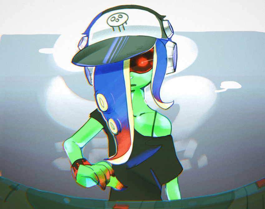 black_shirt blue_hair closed_mouth collarbone dedf1sh green_skin hair_over_one_eye hat headphones highres long_hair multicolored_hair nimae04 octarian off-shoulder_shirt phonograph red_hair shirt single_bare_shoulder solo splatoon_(series) splatoon_2 sunglasses tentacle_hair turntable two-tone_hair wristband