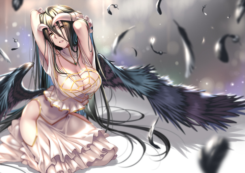 albedo armpits arms_behind_head arms_up bangs bare_shoulders black_hair black_wings blush breasts cleavage collarbone commentary_request demon_girl demon_horns detached_collar dress feathered_wings feathers hair_between_eyes highres hip_vent hips horns kneeling large_breasts long_hair looking_at_viewer overlord_(maruyama) piromizu solo succubus very_long_hair white_dress wings