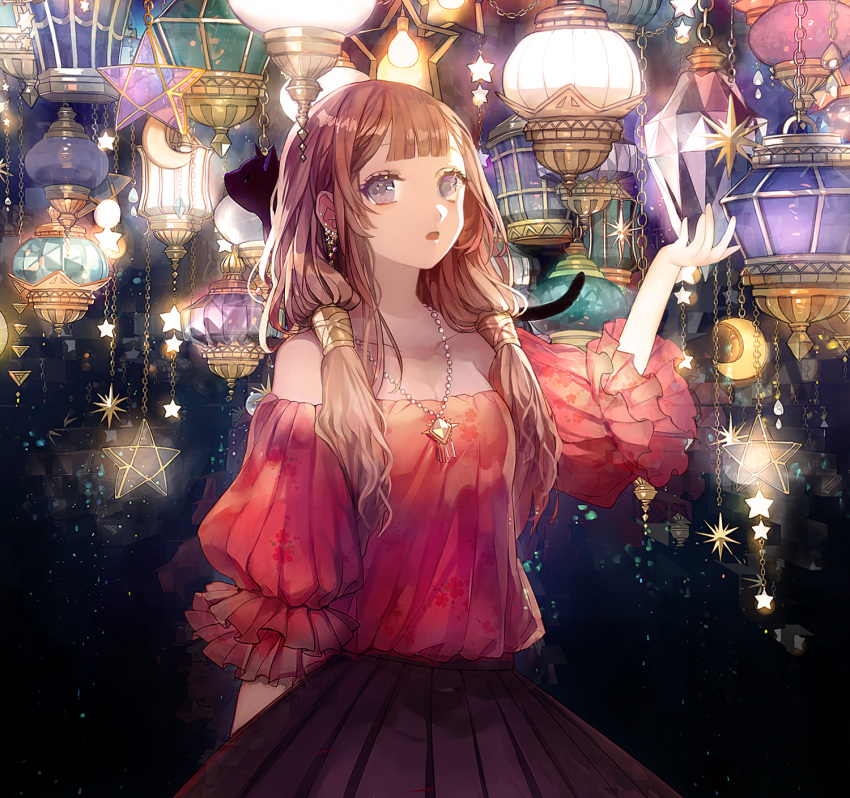 arm_behind_back ayatoki-1 black_skirt brown_hair floral_print grey_eyes hair_over_shoulder highres long_hair off-shoulder_shirt open_mouth original pleated_skirt print_shirt red_shirt shirt skirt solo standing twintails