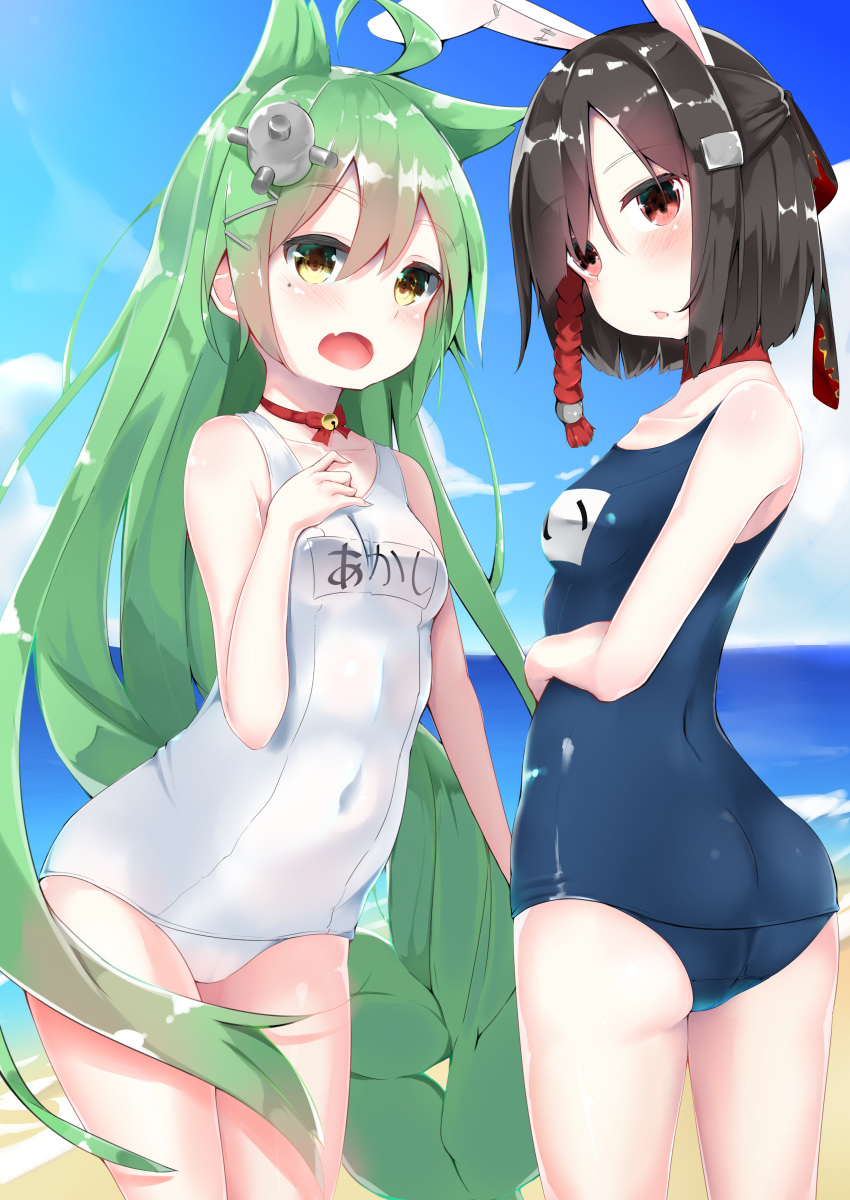 absurdres ahoge akashi_(azur_lane) animal_ears ass azur_lane black_hair blush breasts bunny_ears cat_ears chikuwa_(dreamcube15574) cloud commentary_request day green_hair hair_ornament hairclip highres huge_filesize long_hair looking_at_viewer mole mole_under_eye multiple_girls old_school_swimsuit one-piece_swimsuit open_mouth red_eyes sand school_swimsuit shiranui_(azur_lane) short_hair sky small_breasts swimsuit white_school_swimsuit white_swimsuit yellow_eyes