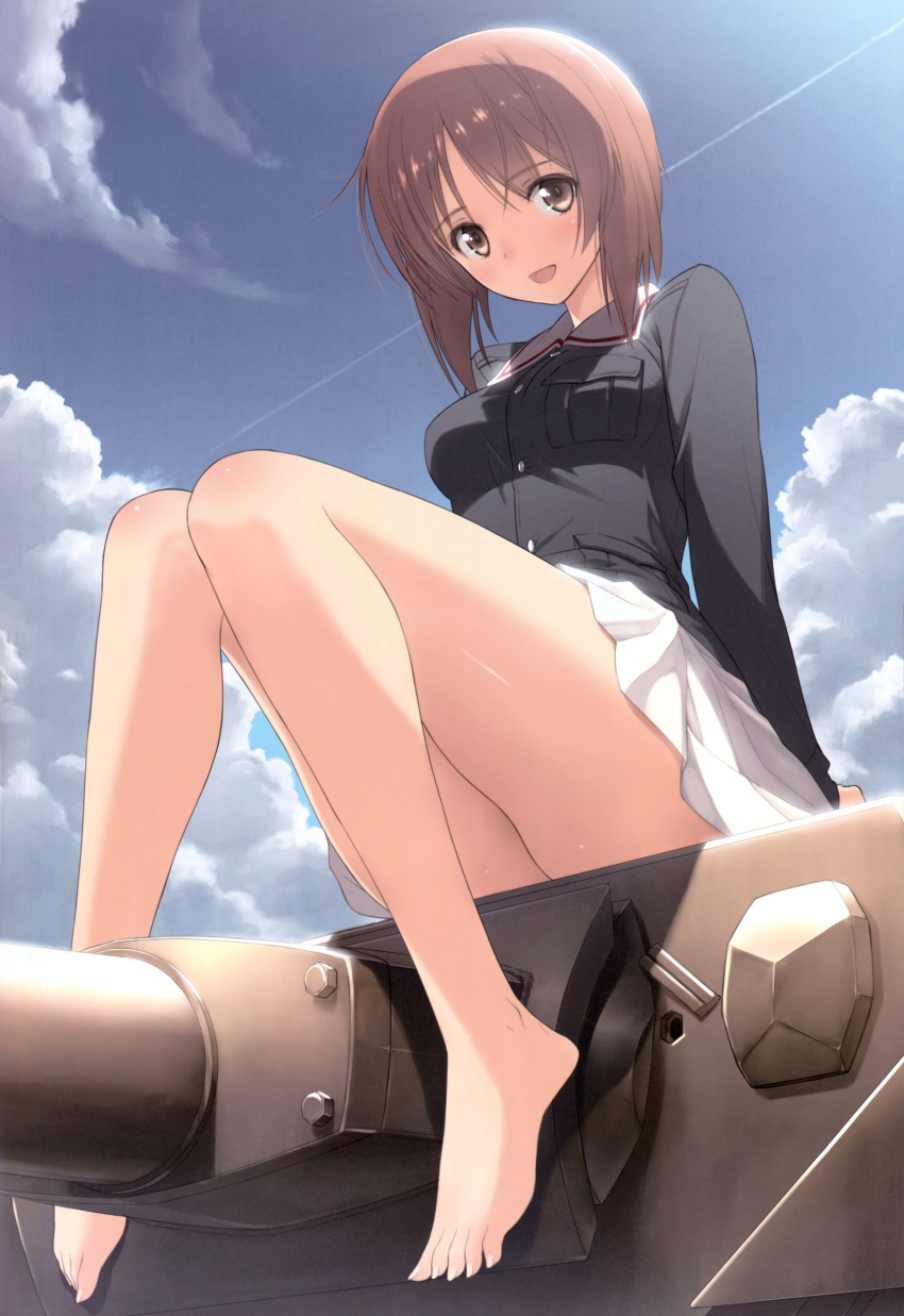 absurdres ass bare_legs barefoot breasts brown_eyes brown_hair buttons cloud collared_shirt condensation_trail day eyebrows_visible_through_hair feet girls_und_panzer ground_vehicle highres knees knees_up legs looking_at_viewer medium_breasts military military_uniform military_vehicle motor_vehicle nishizumi_miho ooarai_military_uniform open_mouth panzerkampfwagen_iv pleated_skirt scan shirt sitting skirt sky smile solo tanaka_takayuki tank tank_turret thighs toes uniform