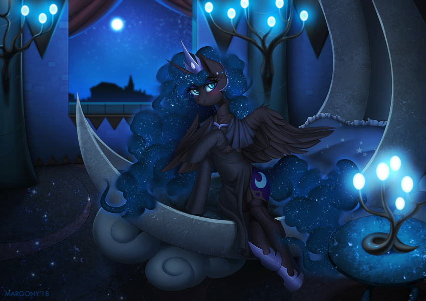 2018 bed black_feathers black_fur blue_eyes blush clothing collar cosmic_hair crown cutie_mark detailed_background equine eyeshadow feathered_wings feathers female feral friendship_is_magic fur garter horn inside looking_at_viewer makeup mammal margony moon my_little_pony nightmare_moon_(mlp) princess royalty smile solo star winged_unicorn wings