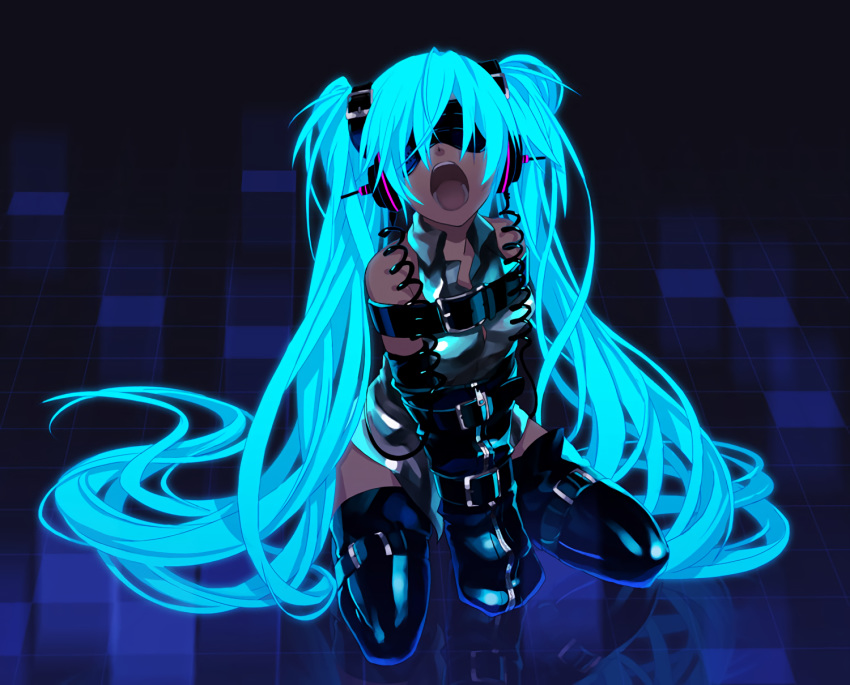 aqua_hair blindfold bondage hatsune_miku headphones jpeg_artifacts long_hair osamu_(jagabata) twintails vocaloid waifu2x