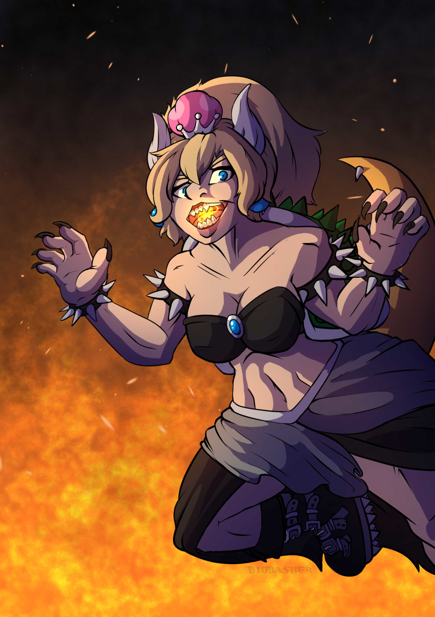 angry animal_humanoid bandeau biobasher blonde_hair blue_eyes boots bowser bowsette_meme bracelet claws clothing female fire footwear goth hair horn humanoid jewelry koopa looking_at_viewer mario_bros mean midriff muscular muscular_female navel nintendo scalie solo spiked_bracelet spikes super_crown teeth video_games