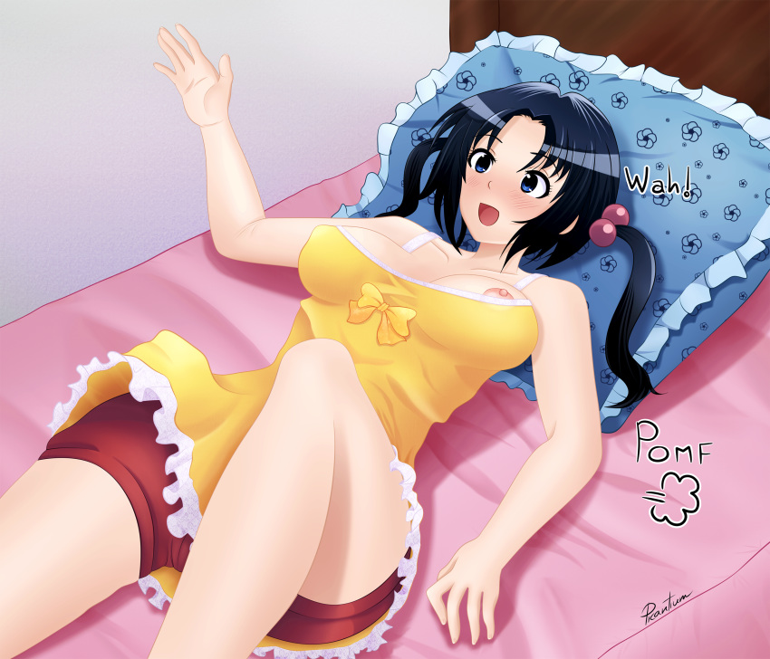 1girl aged_up alternative_bust_size bare_arms bed blue_eye blush breasts dress english_text female hair_bobbles hair_ornament high_resolution large_filesize lying meme nipples open_mouth picantium pillow pomf shorts smile solo tank_top text tied_hair twintails yellow_dress