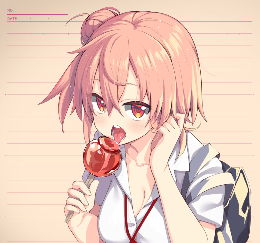 akino_sora arm_up bag bangs blush breasts brown_hair candy_apple cleavage collarbone commentary eyebrows_visible_through_hair fingernails food hair_between_eyes hair_bun hair_tucking hand_up holding holding_food looking_at_viewer medium_breasts open_mouth red_eyes round_teeth school_bag shirt side_bun solo teeth tongue tongue_out upper_teeth white_shirt yahari_ore_no_seishun_lovecome_wa_machigatteiru. yuigahama_yui