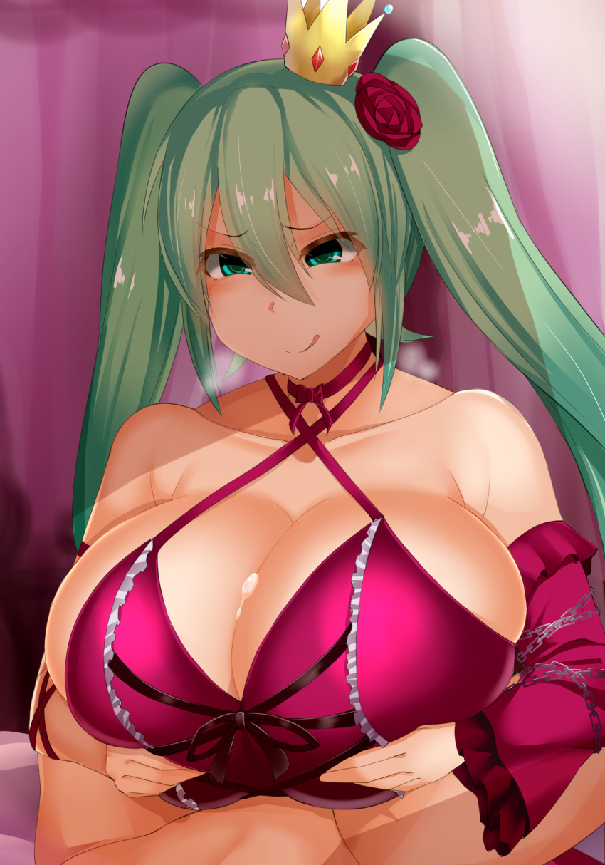 :q bare_shoulders breasts cleavage collarbone cum detached_sleeves facominn gloves green_eyes green_hair hatsune_miku highres huge_breasts long_hair paizuri paizuri_under_clothes project_diva_(series) red_gloves smile solo_focus tongue tongue_out vintage_dress_(module) vocaloid