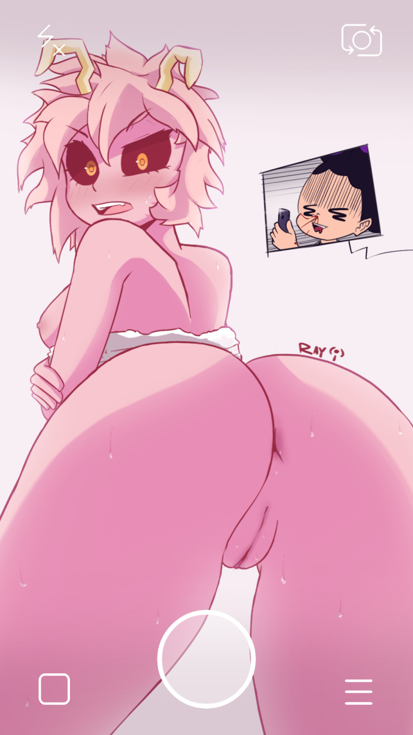 2018 anus ashido_mina blood blush breasts butt female hair hi_res horn human humanoid looking_at_viewer low-angle_view male mammal my_hero_academia nipples nosebleed not_furry nude open_mouth pink_body pink_hair pussy raydio simple_background solo standing wet
