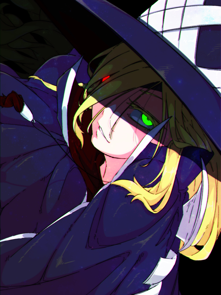 blonde_hair breasts cleavage colored_eyelashes dutch_angle eyepatch glowing glowing_eyes green_eyes hair_between_eyes hat highres irokohaku jewelry necklace othinus shaded_face smirk solo to_aru_majutsu_no_index to_aru_majutsu_no_index:_new_testament witch_hat