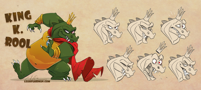 anthro barefoot cape claws clothing crocodilian crown donkey_kong_(series) english_text eyes_closed king king_k_rool kremling leahfuhrman looking_at_viewer male musclegut navel nintendo open_mouth red_eyes reptile royalty scalie sharp_claws sharp_teeth smile solo teeth text toe_claws tongue tongue_out video_games