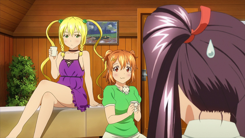 3girls amaya_haruko animated animated_gif blonde_hair blush breasts brown_hair cup flat_chest green_eyes hiccup himegami_kodama kaneko_hiraku kushiya_inaho large_breasts legs_crossed maken-ki! maken-ki!_two measurements multiple_girls purple_hair red_eyes sweatdrop takami_akio xebec