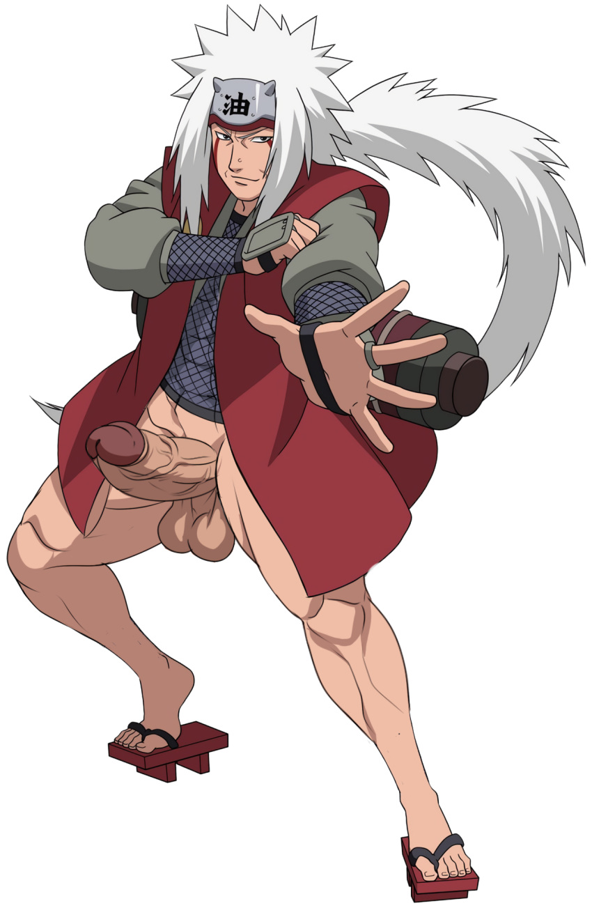 1boy bottomless erection jiraiya male_focus naruto naruto_(series) penis shoes silver_hair smile solo tagme testicles