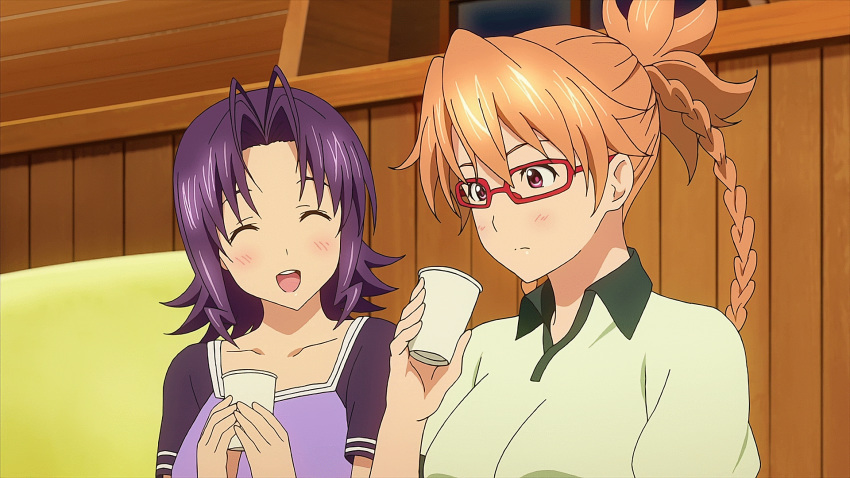 2girls amado_yuuka animated animated_gif blush breasts brown_hair cup drinking eyes_closed glasses kaneko_hiraku maken-ki! maken-ki!_two measurements medium_breasts multiple_girls purple_hair red_eyes takaki_furan takami_akio xebec