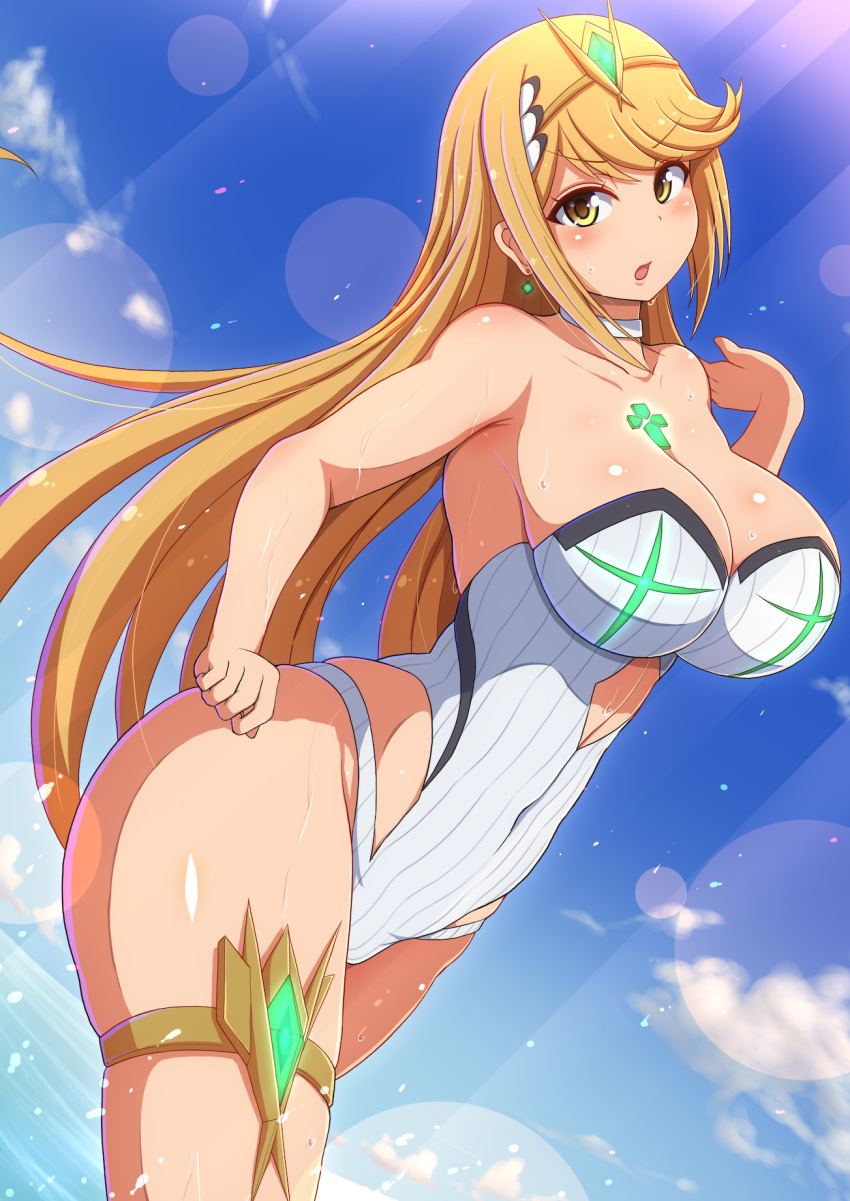 bangs bare_arms bare_shoulders blonde_hair blue_sky blush breasts choker cleavage day earrings eyebrows_visible_through_hair highres hikari_(xenoblade_2) jewelry large_breasts long_hair one-piece_swimsuit open_mouth outdoors ponpo skindentation sky solo straight_hair strapless strapless_swimsuit swimsuit thigh_strap thighs tiara v-shaped_eyebrows very_long_hair water white_choker white_swimsuit xenoblade_(series) xenoblade_2 yellow_eyes