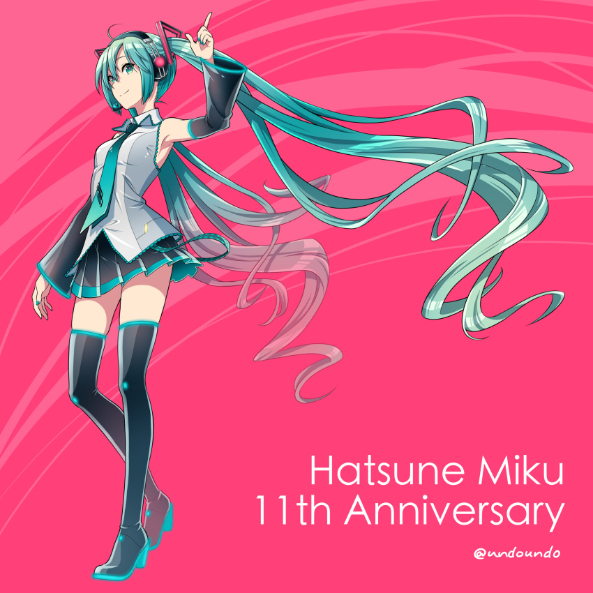 absurdly_long_hair arm_up armpits asami_(undoundo) birthday black_footwear black_skirt blue_eyes blue_hair blue_nails boots breasts character_name detached_sleeves floating_hair full_body grey_shirt hair_between_eyes hatsune_miku headphones headset highres index_finger_raised long_hair microphone miniskirt nail_polish necktie pink_background pleated_skirt shirt skirt sleeveless sleeveless_shirt small_breasts smile solo standing thigh_boots thighhighs twintails twitter_username very_long_hair vocaloid zettai_ryouiki