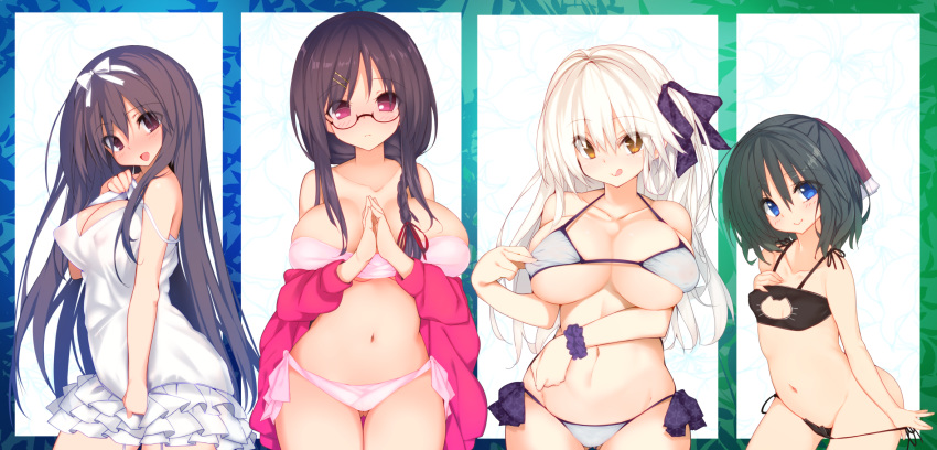 amatsutsumi black_hair blue_eyes breasts cleavage commentary_request denpaken_pochi dress glasses green_hair hair_ornament hairclip highres large_breasts long_hair multiple_girls navel purple_eyes red_eyes short_hair swimsuit white_hair yellow_eyes