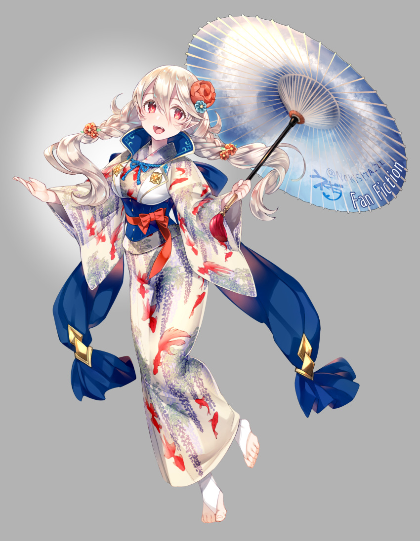 alternate_costume animal_print barefoot braid commentary_request fangs female_my_unit_(fire_emblem_if) fire_emblem fire_emblem_if fish_print flower full_body gold_trim goldfish_print grey_background hair_flower hair_ornament highres holding holding_umbrella japanese_clothes kimono long_hair my_unit_(fire_emblem_if) negiwo obi open_mouth oriental_umbrella pointy_ears red_eyes red_flower sash simple_background smile solo standing standing_on_one_leg toeless_legwear twin_braids twitter_username umbrella white_hair wide_sleeves yukata