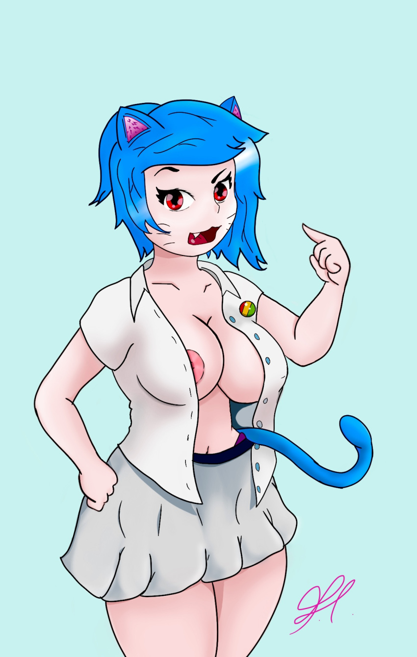 animal_humanoid breasts cartoon_network cat cat_humanoid clothed clothing cyan_background feline female humanoid mammal nicole_watterson nipples partially_clothed pointing_at_self simple_portrait solo the_amazing_world_of_gumball zaanne