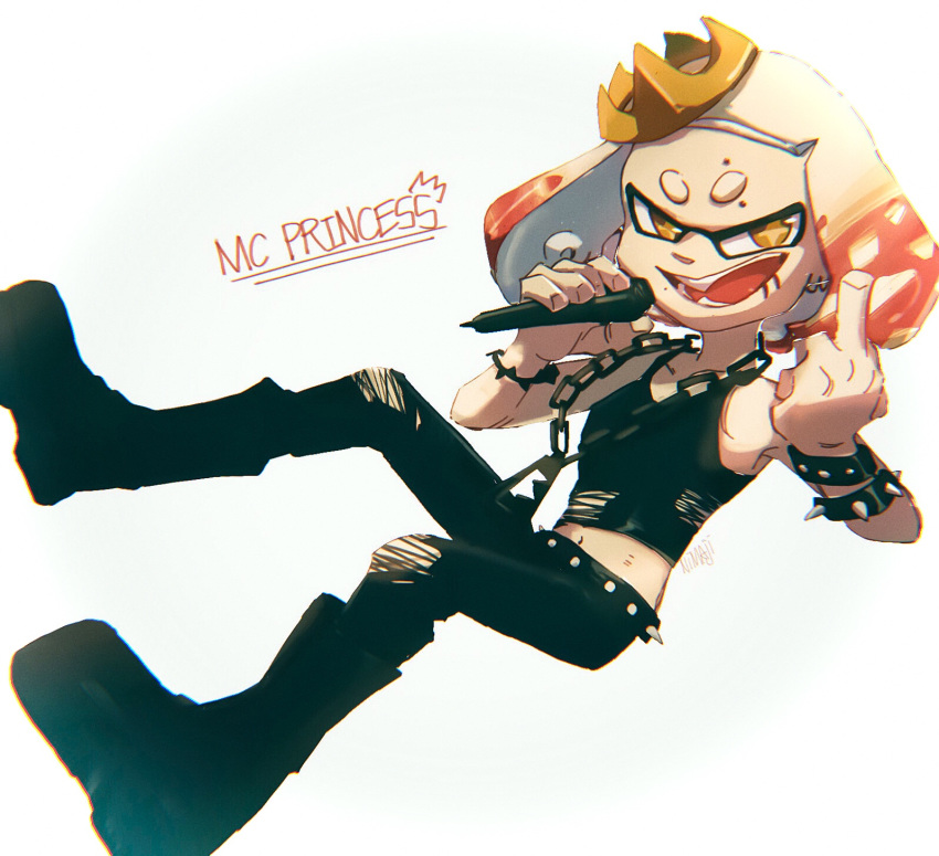 :d black_footwear black_pants black_shirt boots bracelet brown_eyes chain chromatic_aberration crown highres hime_(splatoon) holding holding_microphone jewelry looking_at_viewer microphone middle_finger mole mole_under_mouth navel nimae04 open_mouth pants piercing pink_hair shirt short_hair smile solo spikes splatoon_(series) splatoon_2 tank_top tentacle_hair torn_clothes torn_pants torn_shirt white_hair